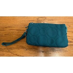 Vary You by Thirty-One Small Quilted Teal Wristlet Sectioned Double Zip EUC